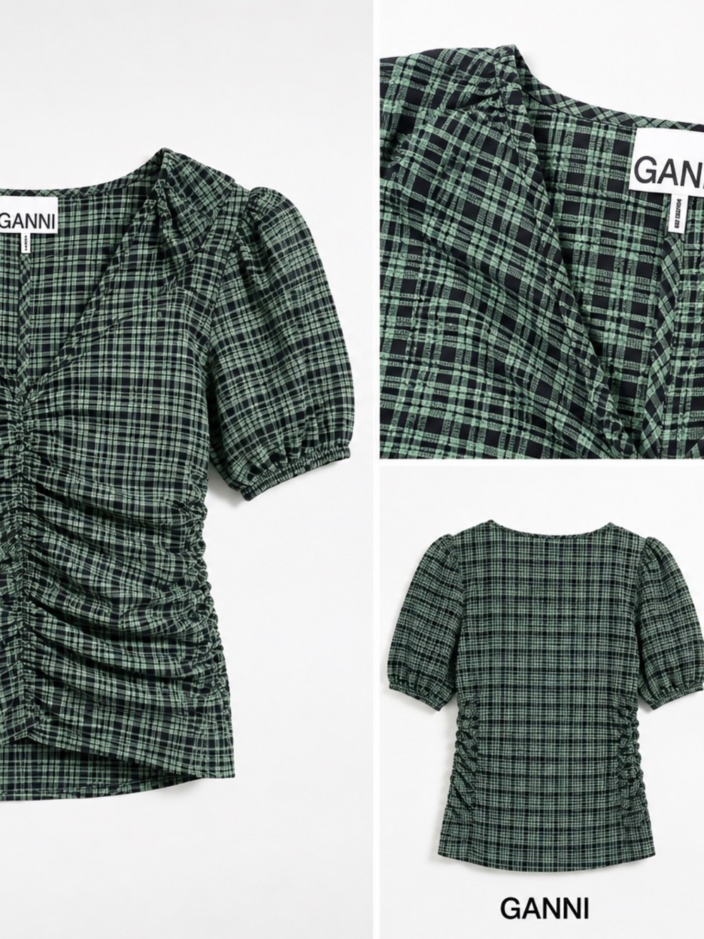 Ganni Seersucker  Ruched Puff-Sleeve Top